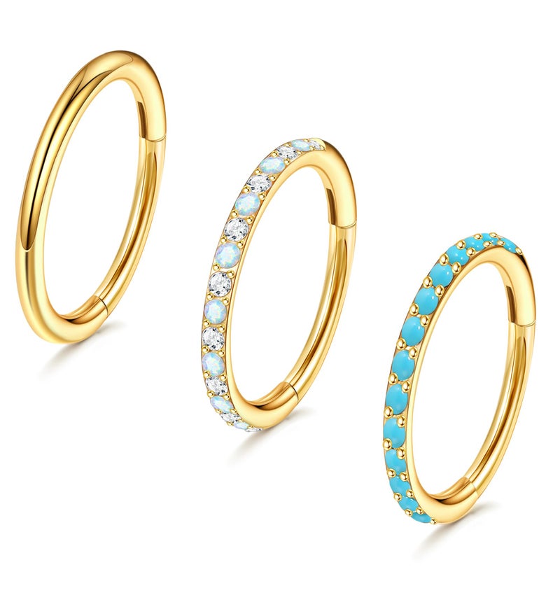 Staligue 3pcs Nose Rings Hoops - 316L Surgical Steel Nose Hoops 16G/18G/20G CZ Opal Turquoise Clicker Septum Nose Ring Lip Helix Cartilage Hoop Earring Daith Rook Conch Body Piercing Jewelry for Women Men 6mm 8mm 10mm (Gold, 18 gauge(1.0mm)-8mm) - Image 1