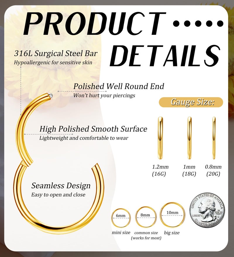 Staligue 3pcs Nose Rings Hoops - 316L Surgical Steel Nose Hoops 16G/18G/20G CZ Opal Turquoise Clicker Septum Nose Ring Lip Helix Cartilage Hoop Earring Daith Rook Conch Body Piercing Jewelry for Women Men 6mm 8mm 10mm (Gold, 18 gauge(1.0mm)-8mm) - Image 2