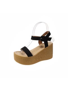 Generic Womens Summer 2023 New Style One-Row Strap Thick Bottom High Heel Platform Beach Sandals Polyester Material Rubber Sole Black 