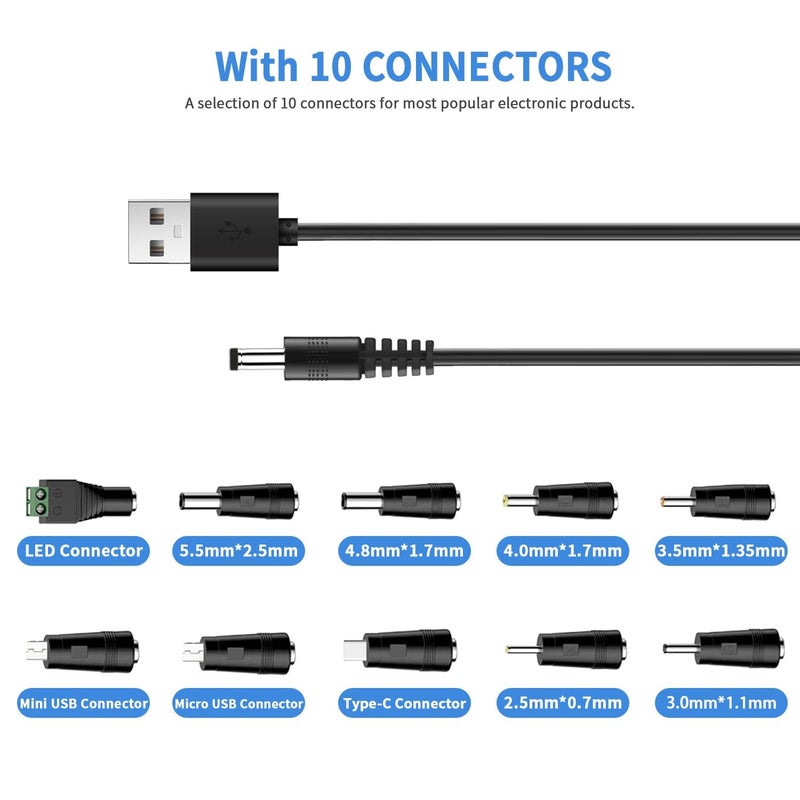 Azonee 5 فولت كابل شحن USB إلى DC، سلك طاقة عالمي من أزوني للألعاب، الساعات، المراوح، السماعات، سماعات الرأس، الشاشات، مصابيح الطاولة، الهواتف، شرائط الإضاءة LED، أجهزة التوجيه، مقاس DC 5.5 × 2.1 ملم مع 10 موصلات، طول 3.3 قدم - Image 2