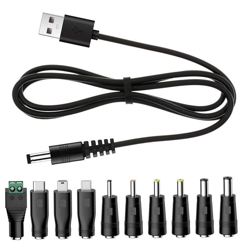 Azonee 5 فولت كابل شحن USB إلى DC، سلك طاقة عالمي من أزوني للألعاب، الساعات، المراوح، السماعات، سماعات الرأس، الشاشات، مصابيح الطاولة، الهواتف، شرائط الإضاءة LED، أجهزة التوجيه، مقاس DC 5.5 × 2.1 ملم مع 10 موصلات، طول 3.3 قدم - Image 1