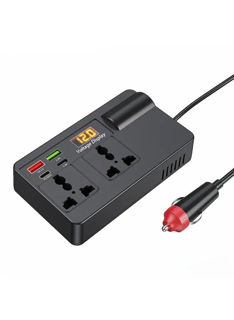 ELLEGLAM 200W Car Power Inverter 12V to 220V with USB-C PD Fast Charging, Dual AC Outlets (US/EU/UK), Digital Display, Compact Converter for Car, RV, Truck, Boat - Image 1