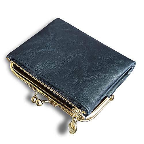 AOXONEL Womens Wallet Small Rfid Ladies Compact Bifold Leather Vintage Coin Purse With Zipper and Kiss Lock (Blue) - Image 1