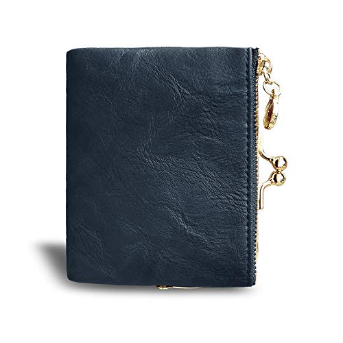 AOXONEL Womens Wallet Small Rfid Ladies Compact Bifold Leather Vintage Coin Purse With Zipper and Kiss Lock (Blue) - Image 4