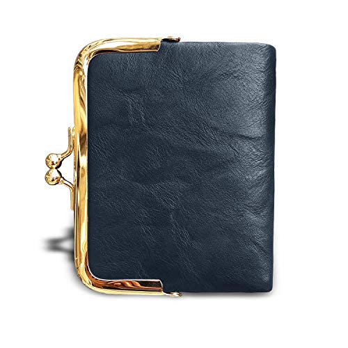 AOXONEL Womens Wallet Small Rfid Ladies Compact Bifold Leather Vintage Coin Purse With Zipper and Kiss Lock (Blue) - Image 3