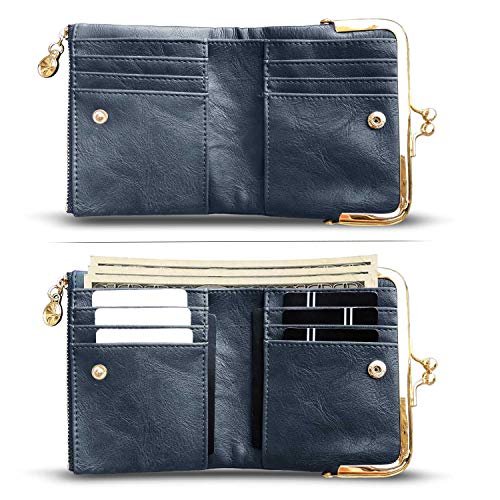 AOXONEL Womens Wallet Small Rfid Ladies Compact Bifold Leather Vintage Coin Purse With Zipper and Kiss Lock (Blue) - Image 2