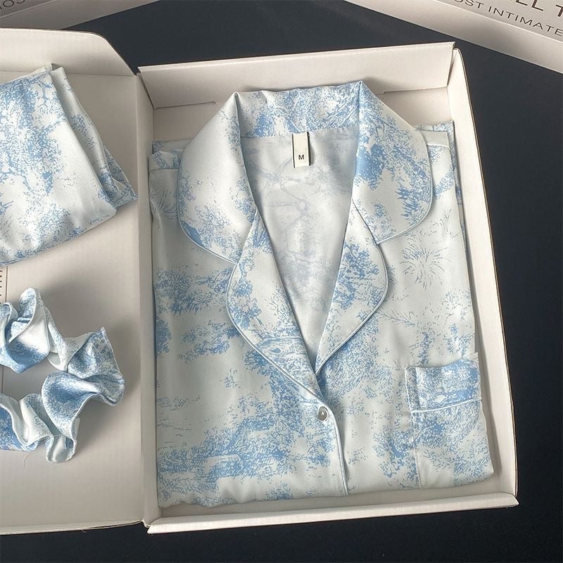 Spring and Autumn High-end Ice Silk New Arrival Pajamas Womens Long-sleeved Trousers Womens Ins High-end Silk Home Suit(long-sleeved trousers) ink painting blue (long-sleeved trousers) ink painting blue 