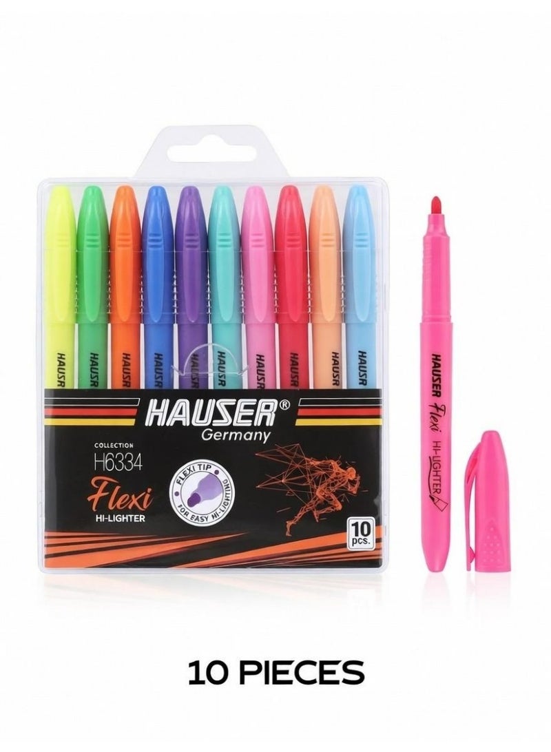 هاوزر طقم أقلام تحديد هايلايتر هاوزر فليكسي (Hauser Flexi) - مجموعة 10 ألوان متنوعة برأس مرن للكتابة والتظليل السلس - موديل H6334 - Image 1
