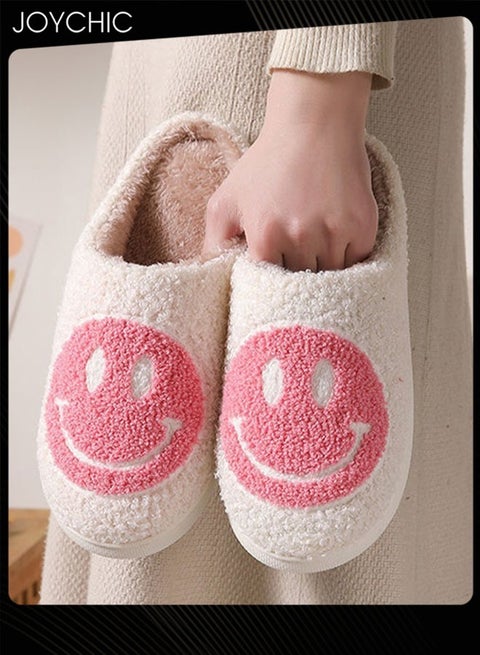 Autumn Winter Warm Smiley Face Designed Bedroom Slippers White/Pink for Women