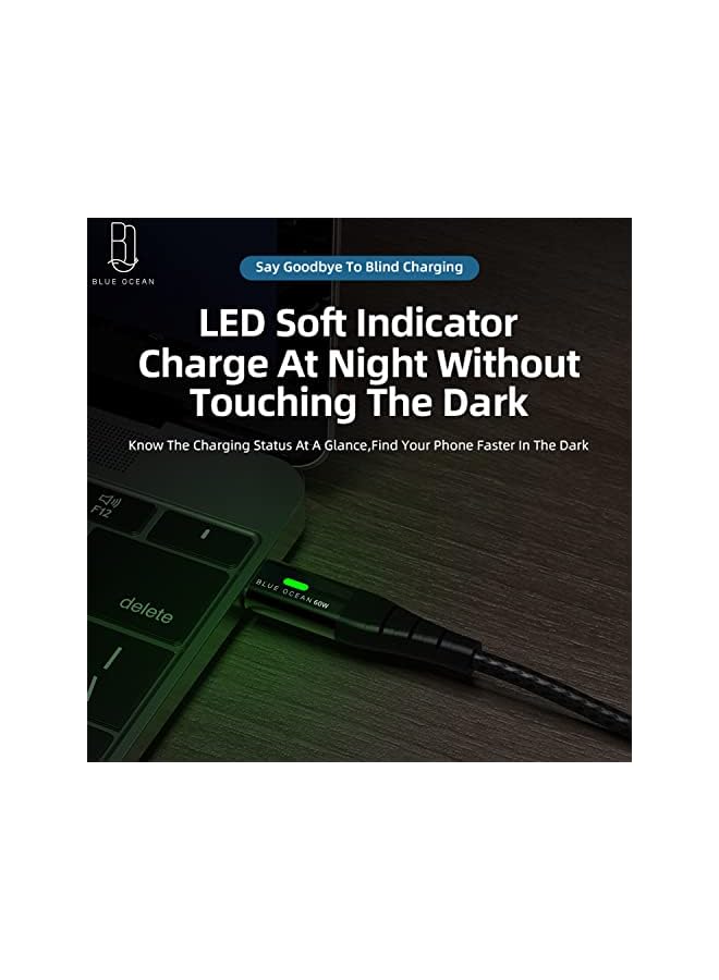 BLUE OCEAN OCEAN USB C Cable 60W PD 5A QC Fast Charging With LED Display 480Mbps Data Cable, Nylon Braided Type C Data Cord Compatible for iPad, MacBook Pro Air Samsung S22 & Android- 2Mtrs - Image 4