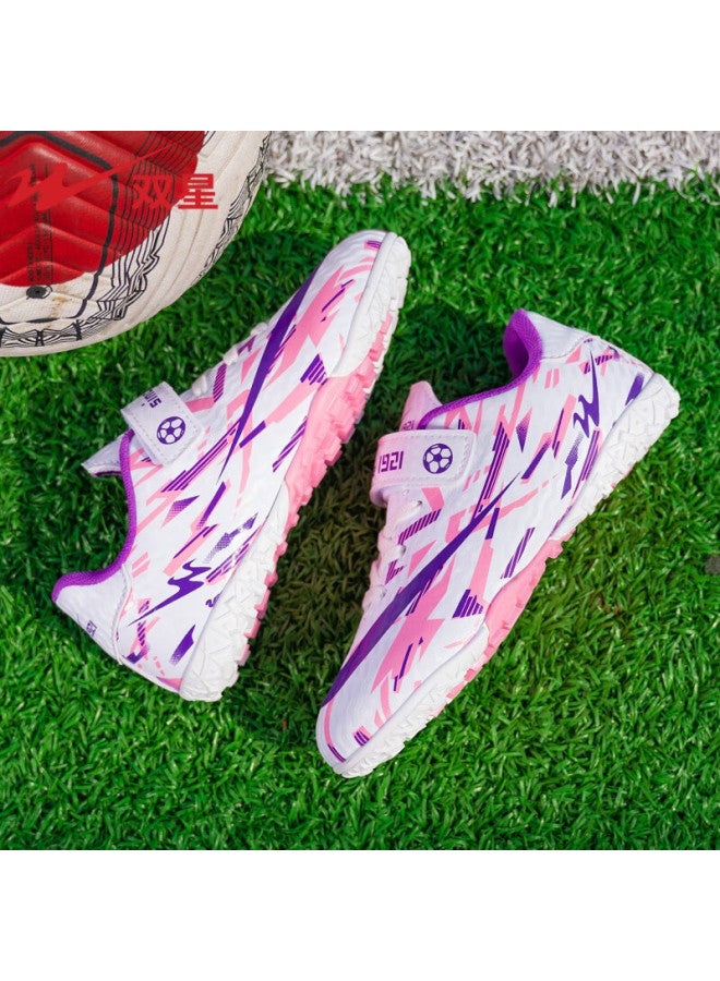 Shuangxing Children's Soccer Shoes With Velcro, Tf Turf Studs, Spring And Autumn Non-slip Wear-resistant Compeion Training Student Shoes, Pink And Purple, Size 34