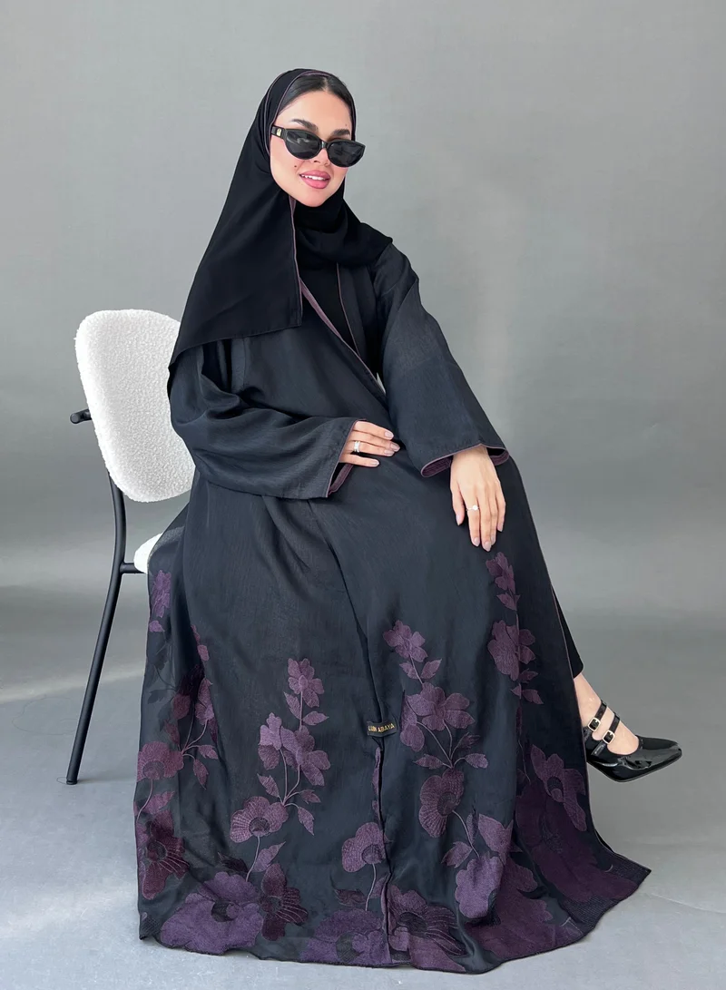 Lusin Abaya Black Abaya with Elegant Purple Embroidery at the Bottom