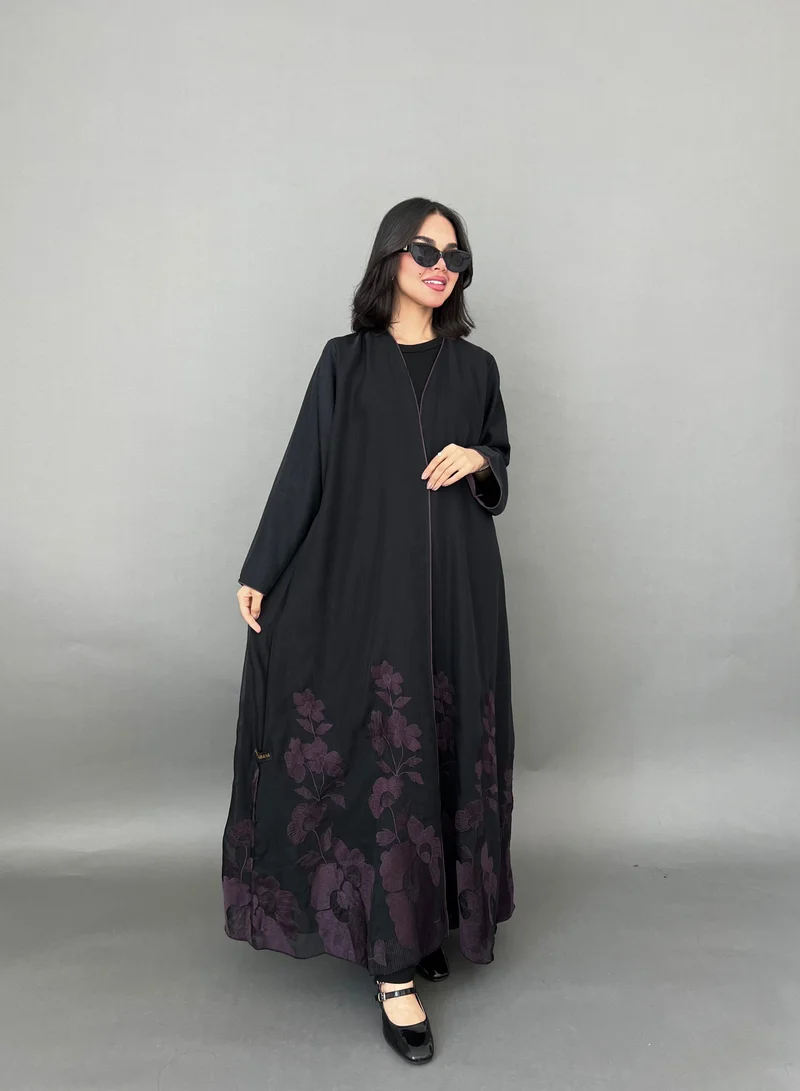 Lusin Abaya Black Abaya with Elegant Purple Embroidery at the Bottom