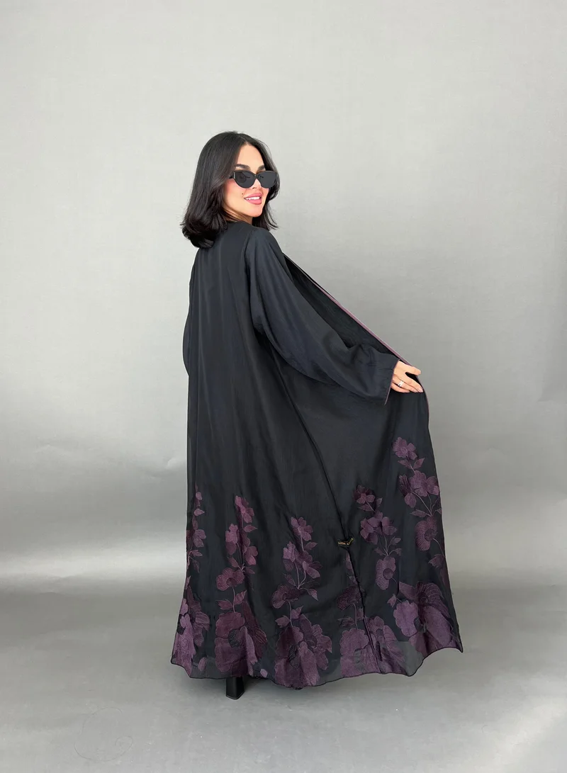 Lusin Abaya Black Abaya with Elegant Purple Embroidery at the Bottom