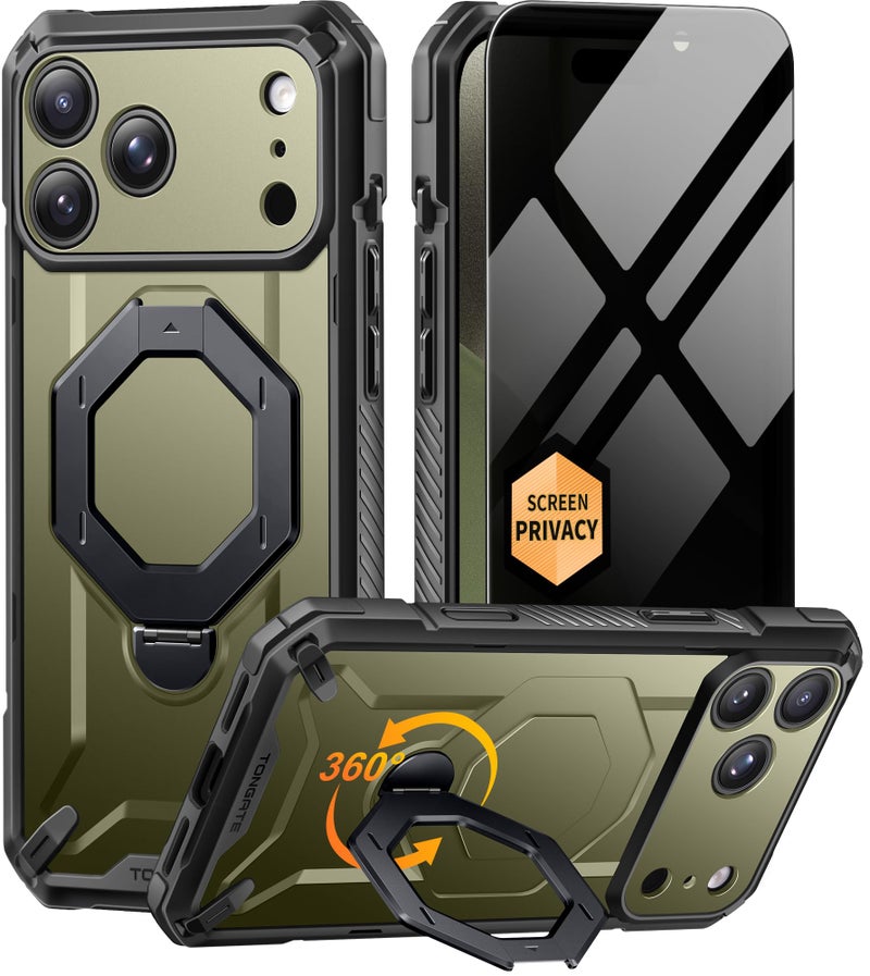 TONGATE for iPhone 17 Pro Case with 360° Spin Magnetic Stand, [Compatible with MagSafe][Military-Grade Protection] with Privacy Screen Protector & Camera Control Cover for iPhone 17 Pro, Green - Image 1