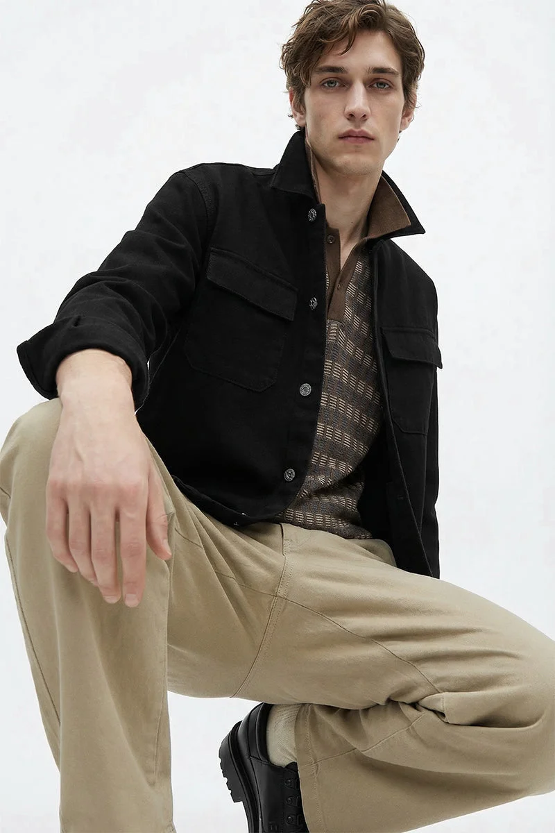 سنيتش Black Solid Long Sleeve Relaxed Streetwear Jacket