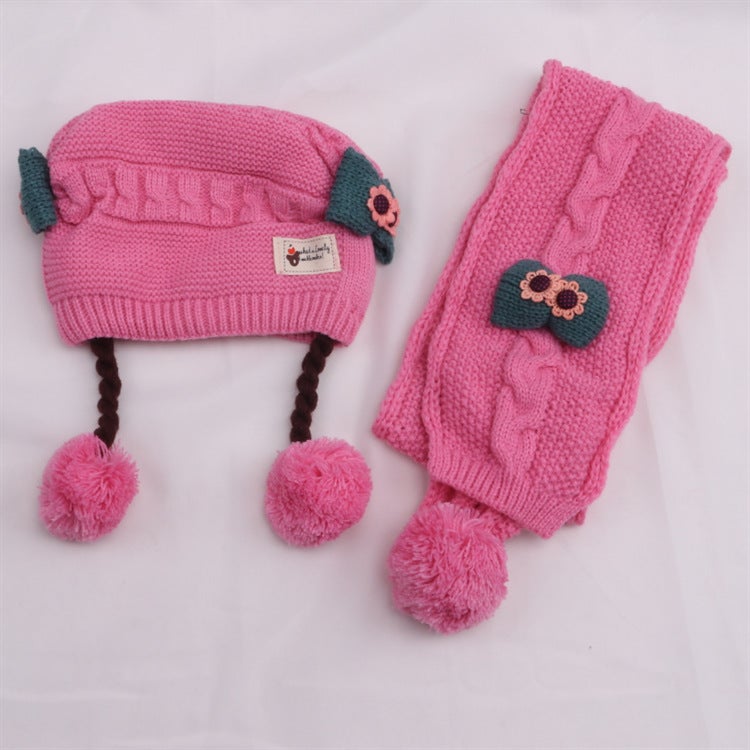 New Baby Knit Hat with Braids Winter Thickened Cap Bright pink + scarf 