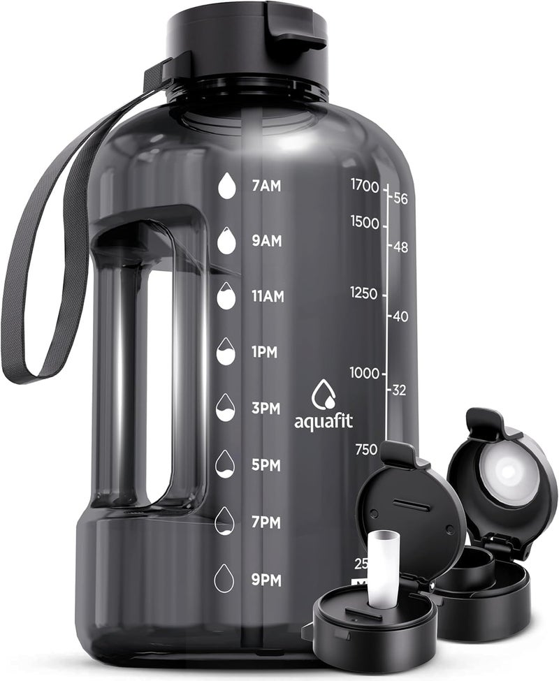 AQUAFIT 64 oz Water Bottle with Time Marker Straw Chug Lid BPA Free Half Gallon Gym Water Bottle with Handle Big Gallon Jug Gray 64 Ounces