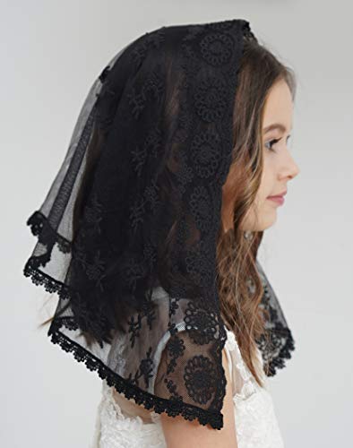 Leimandy Catholic Chapel Veil for Girls – Black Lace Mantilla for Mass, First Communion & Easter Sunday | Lightweight Church Veil F06 (black veil) - Image 3