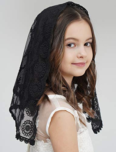Leimandy Catholic Chapel Veil for Girls – Black Lace Mantilla for Mass, First Communion & Easter Sunday | Lightweight Church Veil F06 (black veil) - Image 2