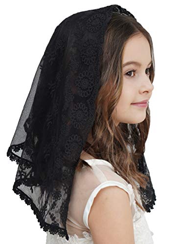 Leimandy Catholic Chapel Veil for Girls – Black Lace Mantilla for Mass, First Communion & Easter Sunday | Lightweight Church Veil F06 (black veil) - Image 1