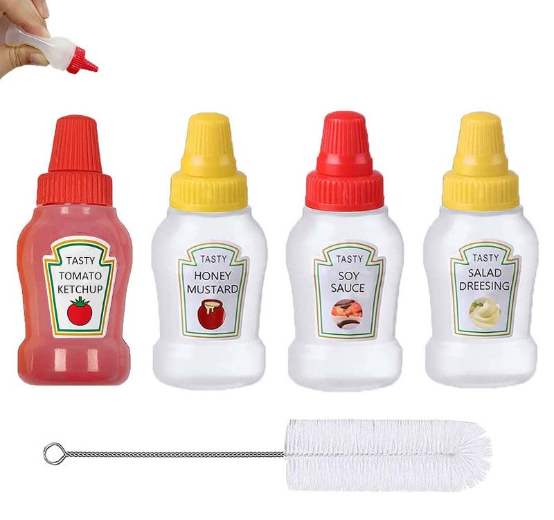 THYULIFE 4Pcs Mini Condiment Squeeze Bottles with Cleaning Brush 25ml Leakproof Mini Ketchup Sauce Bottles Refillable KetchupSoy SauceHoneySalad Dressing Bottles Container for Lunch Box BPA Free