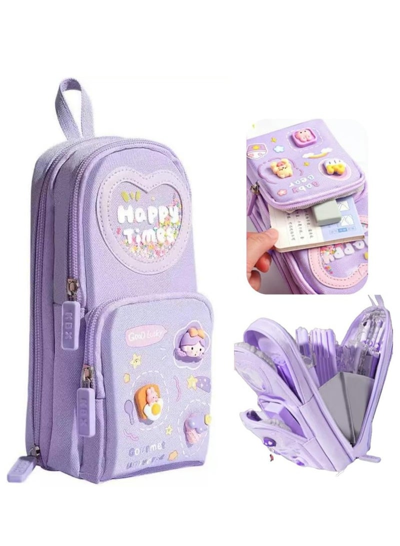 Oasisgalore Large Purple Kawaii Pencil Case, 3-Compartment Stationery Organizer, Holds 50 Pens, Gift for Students & Artists - Image 1