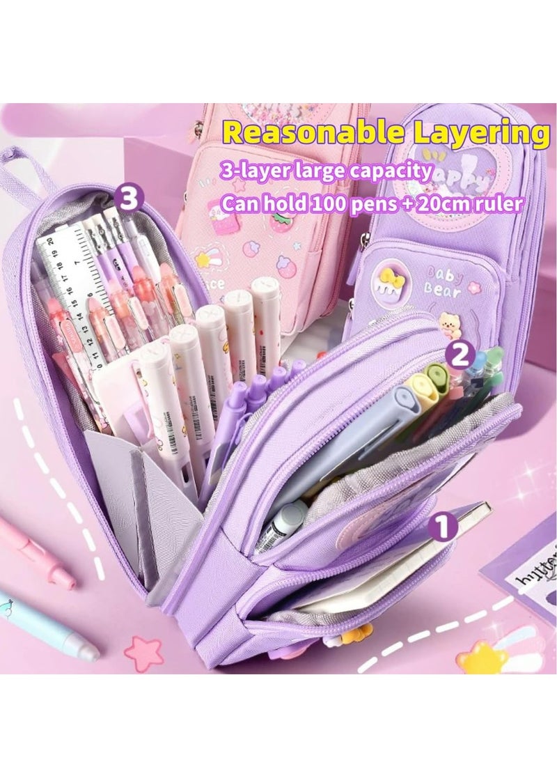 Oasisgalore Large Purple Kawaii Pencil Case, 3-Compartment Stationery Organizer, Holds 50 Pens, Gift for Students & Artists - Image 2