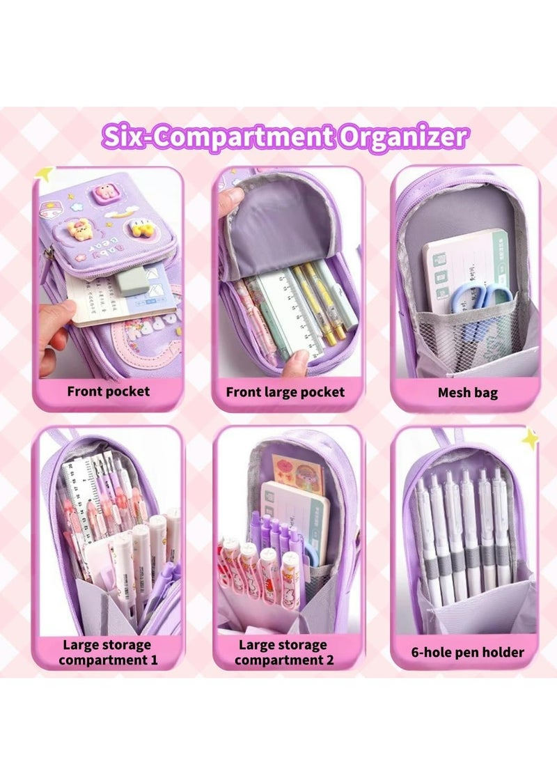 Oasisgalore Large Purple Kawaii Pencil Case, 3-Compartment Stationery Organizer, Holds 50 Pens, Gift for Students & Artists - Image 4