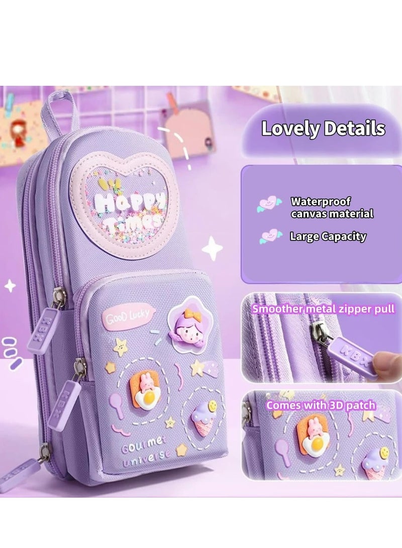 Oasisgalore Large Purple Kawaii Pencil Case, 3-Compartment Stationery Organizer, Holds 50 Pens, Gift for Students & Artists - Image 5