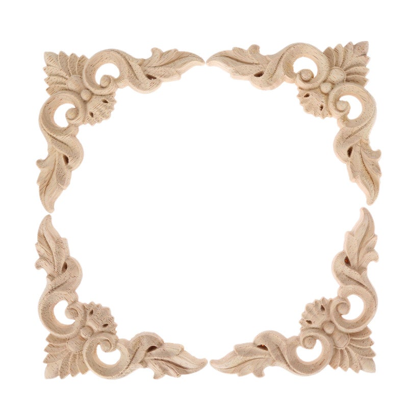 MUXSAM 4Pcs Wood Carved Appliques Onlays  Unpainted Little Wooden Corners Flower Carvings Decals for Mirrors Cabinets Walls Doors Chests Dressers Night Stand DIY Artwork Project  8x8cm/3.15""x3.15""