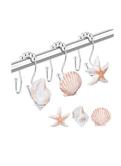 Excefore Seashell Shower Curtain Hooks Ring, 12 Pcs Anti Rust Seashell Decorative Double Resin Hooks, for Beach Bathroom, Baby Room, Bedroom, Living Room Decor  - Image 1