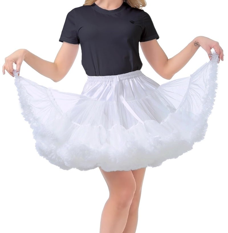 *daisysboutique* Women's Fluffy Underskirt Petticoat 3 Layer Elastic Skirts Slip Vintage Tutu Tulle Crinoline Rockabilly (One Size, White) - Image 3