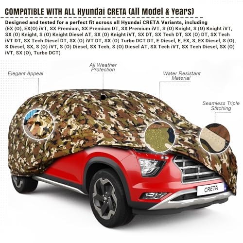 Pivalo Car Body Cover for Hyundai Creta All Model & Years (2015-2026) 100% Waterproof with Mirror Pockets, Triple Stitched Dustproof Heat Resistant UV Protection (Military/Jungle/Camouflage) - Image 2