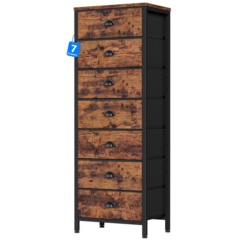 Furnulem Dresser with 7 DrawersTall Chest of Drawers Industrial Fabric Dresser for BedroomVertical Storage Tower Bedside Furniture in Living RoomClosetEntrywaySturdy Steel FrameRustic Brown