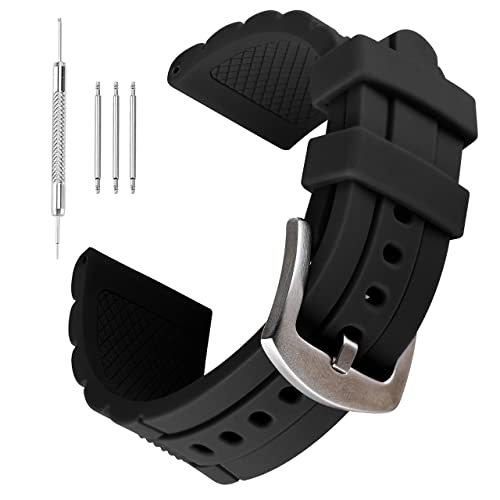 SANWA 23mm Black Silicone Rubber Diver Watch Band Waterproof Sport Stainless Steel Buckle - Image 1