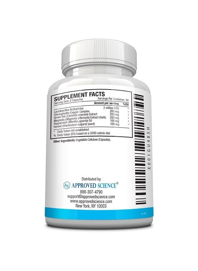 Approved Science - Odorol - 60 Capsules - Freshen Bad Breath and Body Odor - Contains L.acidophilus, Green Tea, Magnolia Bark, Peppermint Oil, and Fennel - All Natural, Vegan Friendly, Non-GMO - Image 1