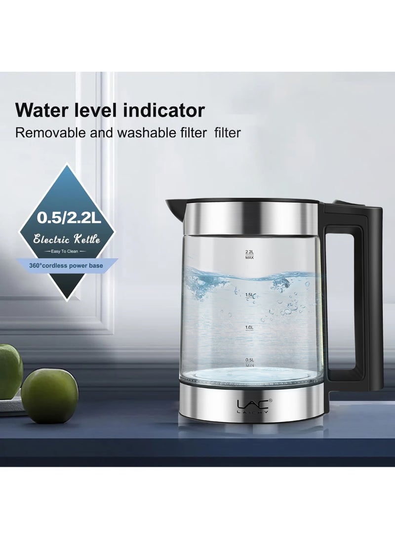 LAC LAICHY 2 in 1 Glass Electric Kettle with 2.2L Boiler & 0.8L Teapot, 1500W Power, 360° Rotating Base, Warning Function & Energy - Efficient, Ideal for Coffee & Tea Set - Image 4
