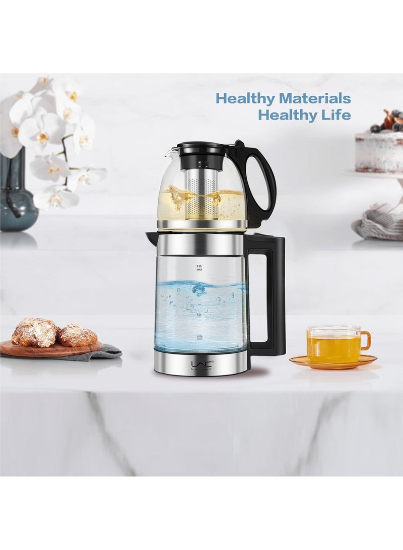 LAC LAICHY 2 in 1 Glass Electric Kettle with 2.2L Boiler & 0.8L Teapot, 1500W Power, 360° Rotating Base, Warning Function & Energy - Efficient, Ideal for Coffee & Tea Set - Image 5
