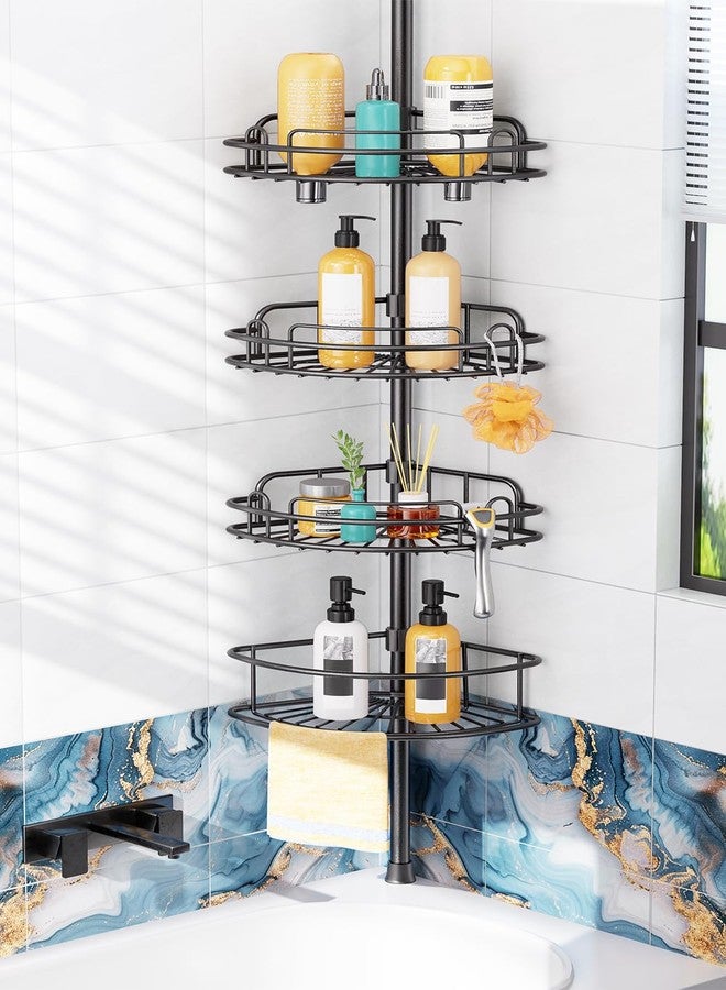 HAMITOR Shower Caddy Tension Pole: 4-Tier Rustproof Bathroom Corner Shelf Organizer for Renters - No Drill Large Shampoo Storage Rack - Adjustable 47-121 Inch - Space Saving Bathtub Accessory - Black - Image 1