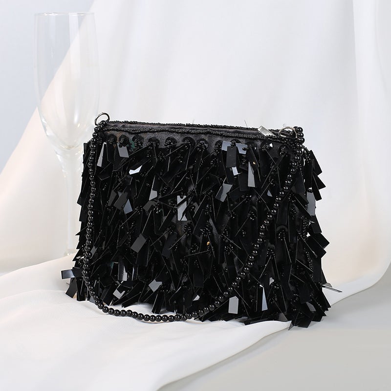 Vintage Silver Beaded Sequin Evening Clutch Bag Black