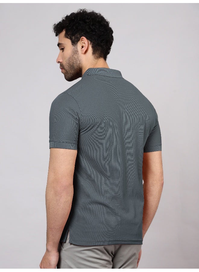 Beyoung Men's Regular Fit Half Sleeve Soild Casual Dark Grey Polo T-shirt - Image 2