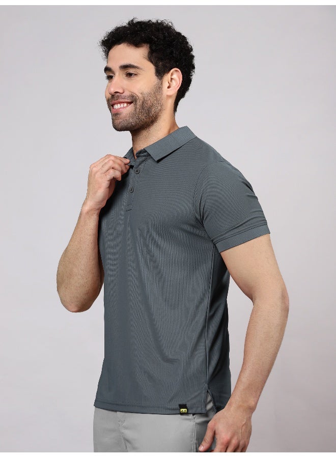 Beyoung Men's Regular Fit Half Sleeve Soild Casual Dark Grey Polo T-shirt - Image 5