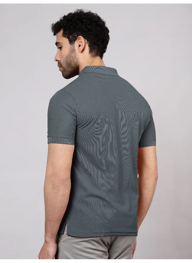 بيونغ Men's Regular Fit Half Sleeve Soild Casual Dark Grey Polo T-shirt