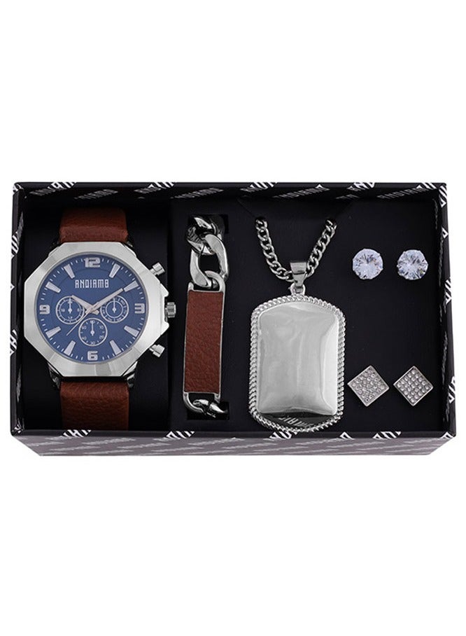ANDIAMO Men's Analog Silver Case Blue Dial Brown Leather Strap Set Watch 