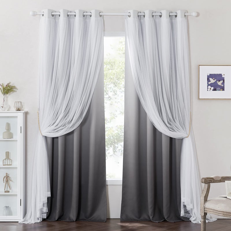 PONY DANCE Blackout Curtains for Windows  Mix  Match Gradient Grey Ombre Curtains White Sheer Drapes Overlay Light Blocking for Sliding Glass Door W 52 x L 95 inch 2 PCs