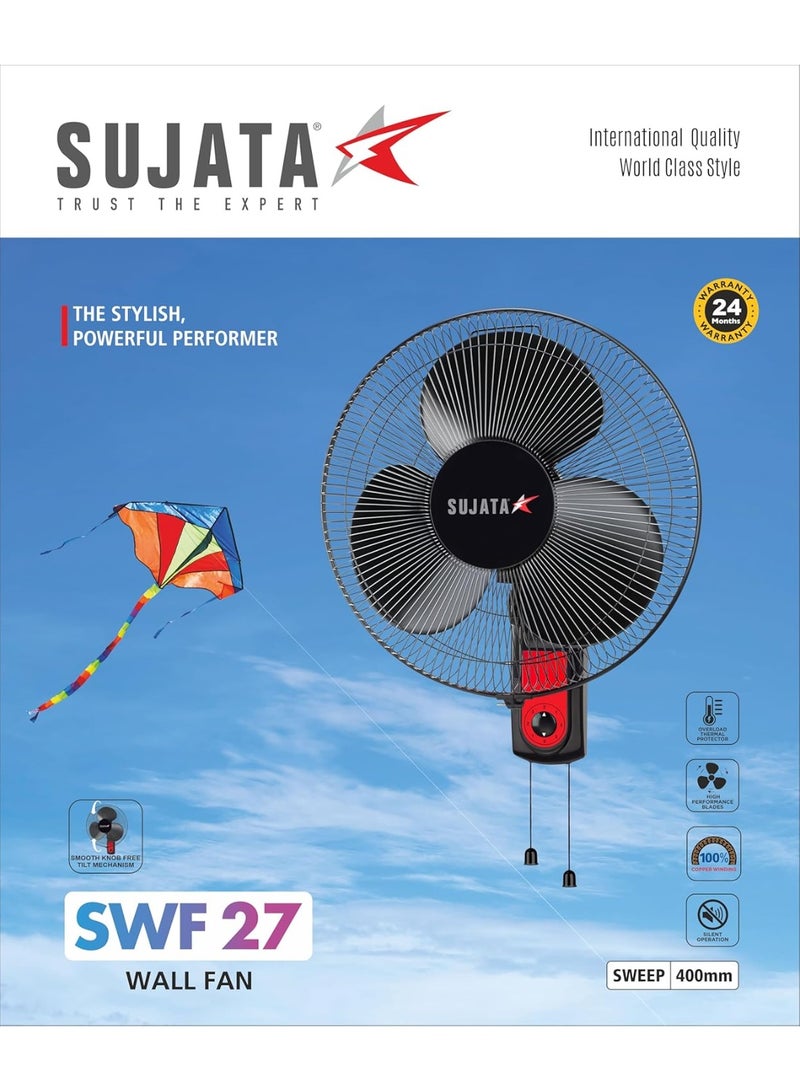 Sujata Wall Fan | 2 Year Warranty | 400 mm Sweep,1350 RPM | 100% Copper Winding Motor | Heavy Duty Wall Fan for Living Room, Wall Mount Fan with 3 Speed Control (SWF27 - Black) - Image 3