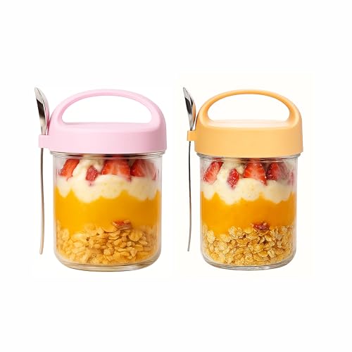 Soko 2 PC Overnight Oats Glass Jar with Lid and Spoon | Portable Mason Oatmeal Container | On-The-Go Breakfast Cup | Kitchen Storage for Healthy Eating - Fruit,Milk,Salad, Nuts,Yogurt - Pink & Yellow - Image 1