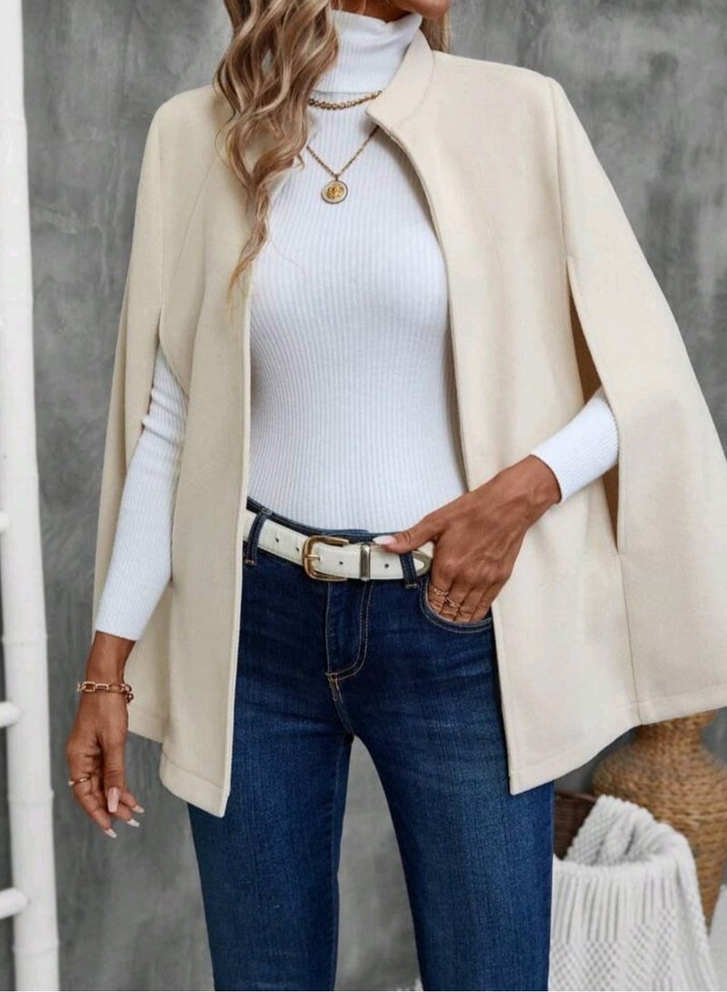 EMERY ROSE Women's Solid Color Elegant Knitted Cape Coat, Autumn/Winter,Ladies Spring/Fall Elegant Cloak - Image 2