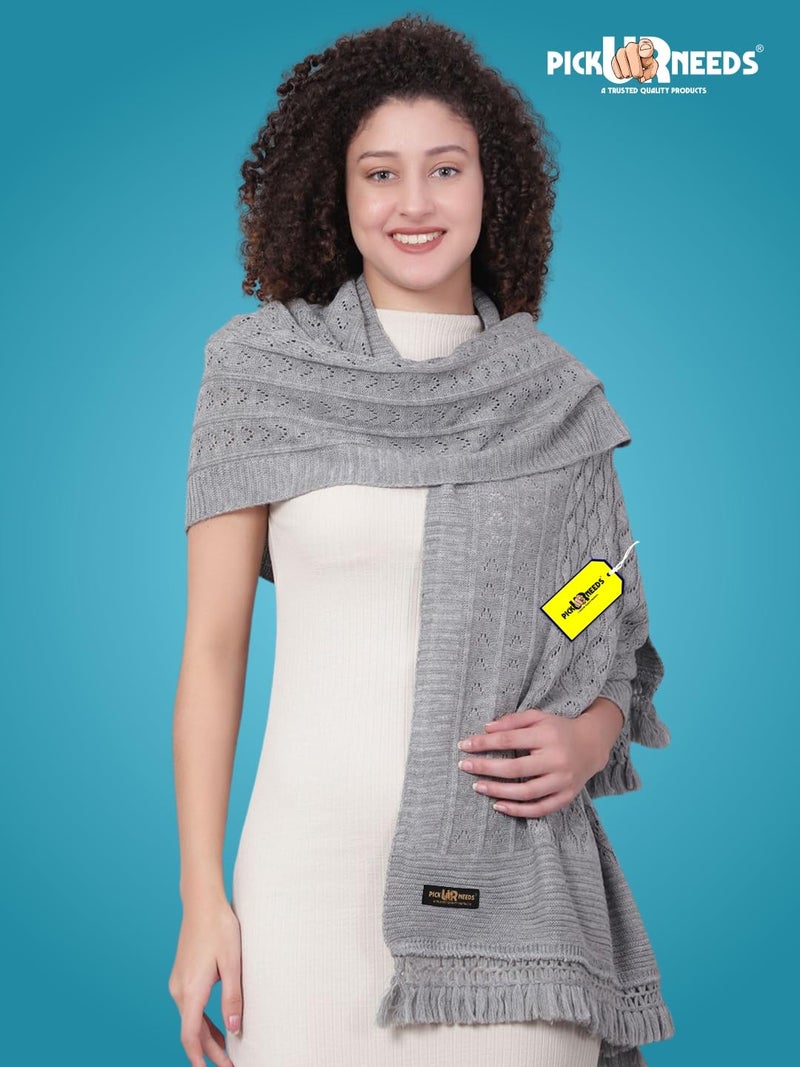Pick Ur Needs Women’s Premium Knitted Winter Soft Shawl Woolen Warm Stole with Elegant Lace Pattern & Tassels For Girls (Grey) - Image 2